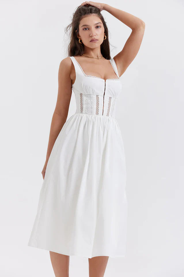 Louise | Midi Dress with Lace Trim Bodice