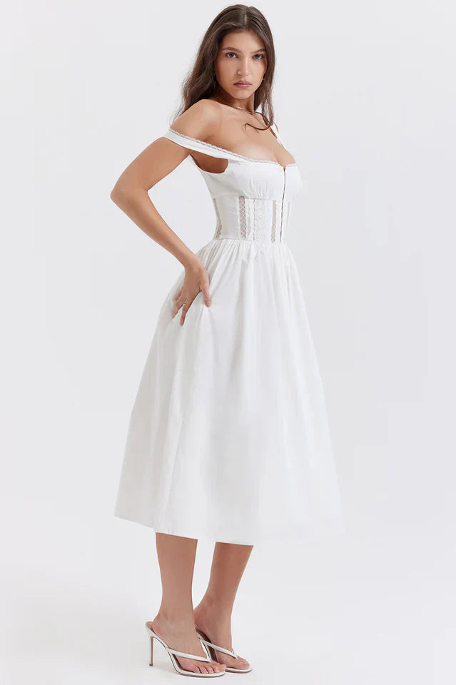 Louise | Midi Dress with Lace Trim Bodice