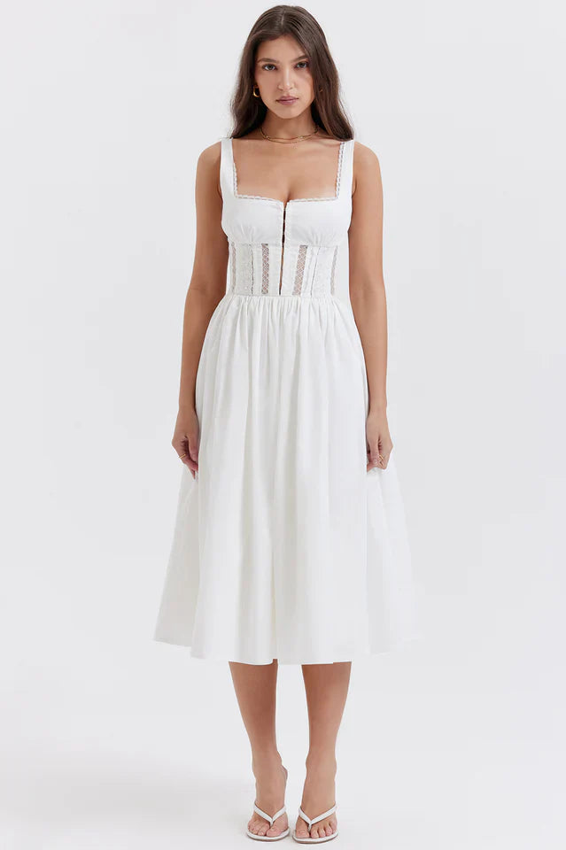 Louise | Midi Dress with Lace Trim Bodice