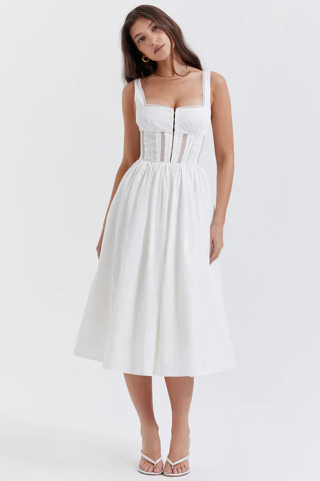 Louise | Midi Dress with Lace Trim Bodice