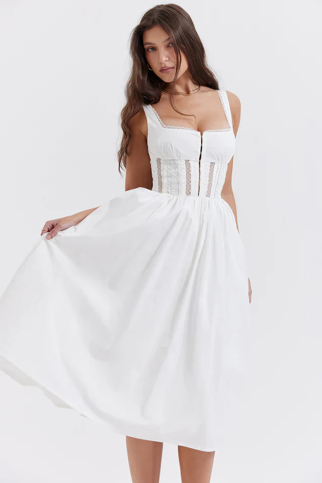 Louise | Midi Dress with Lace Trim Bodice