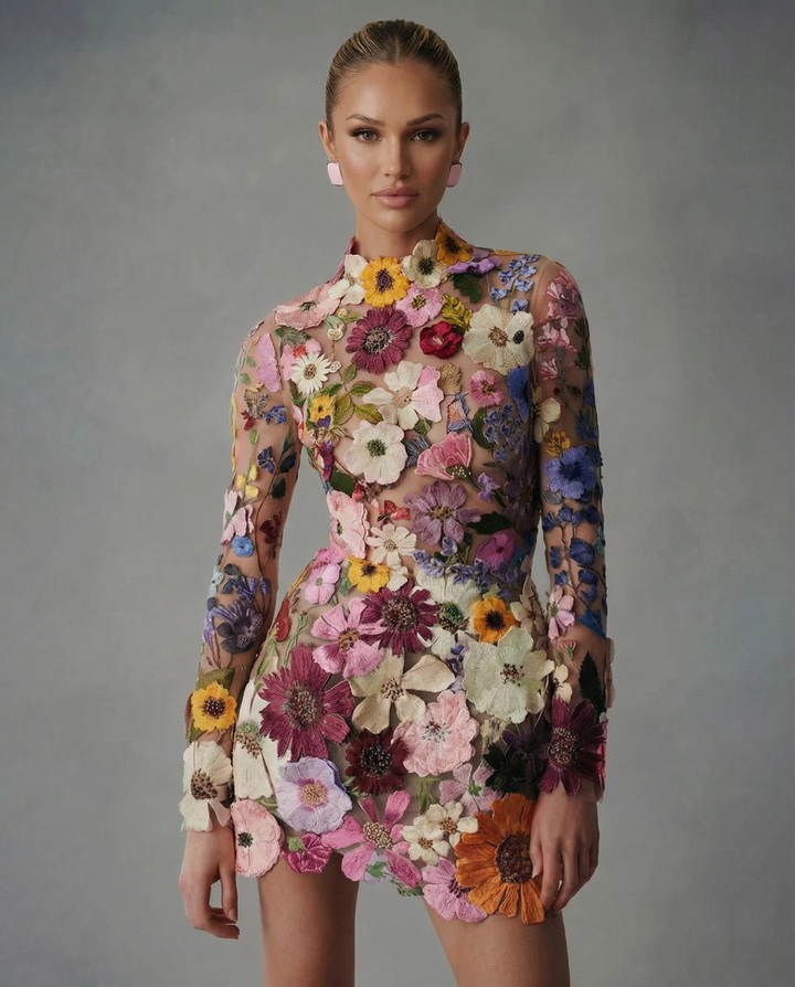 Anne | Mini Dress with Sheer Floral Embroidery