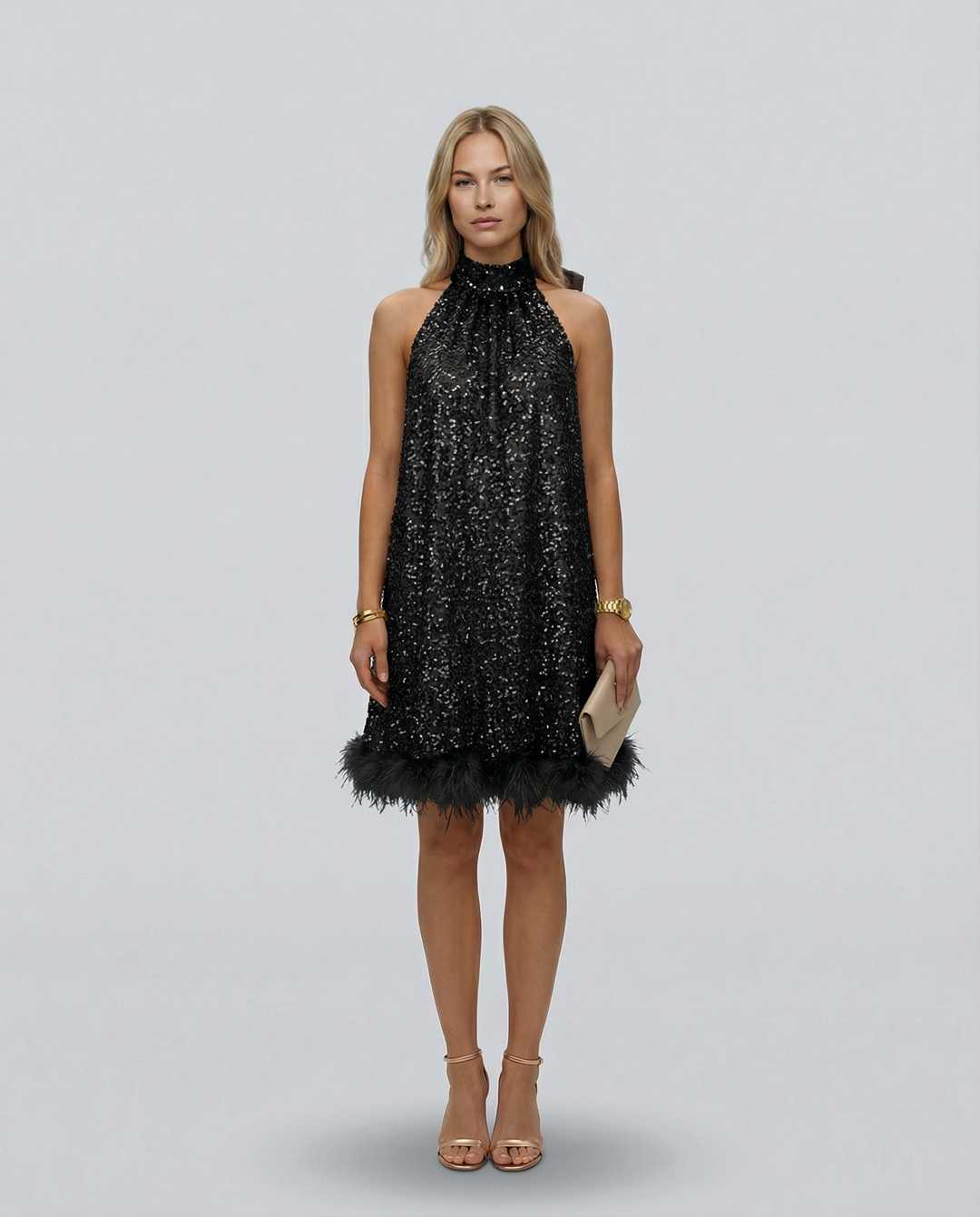 Pearl | Sequin Halter Mini Dress with Feather Hem