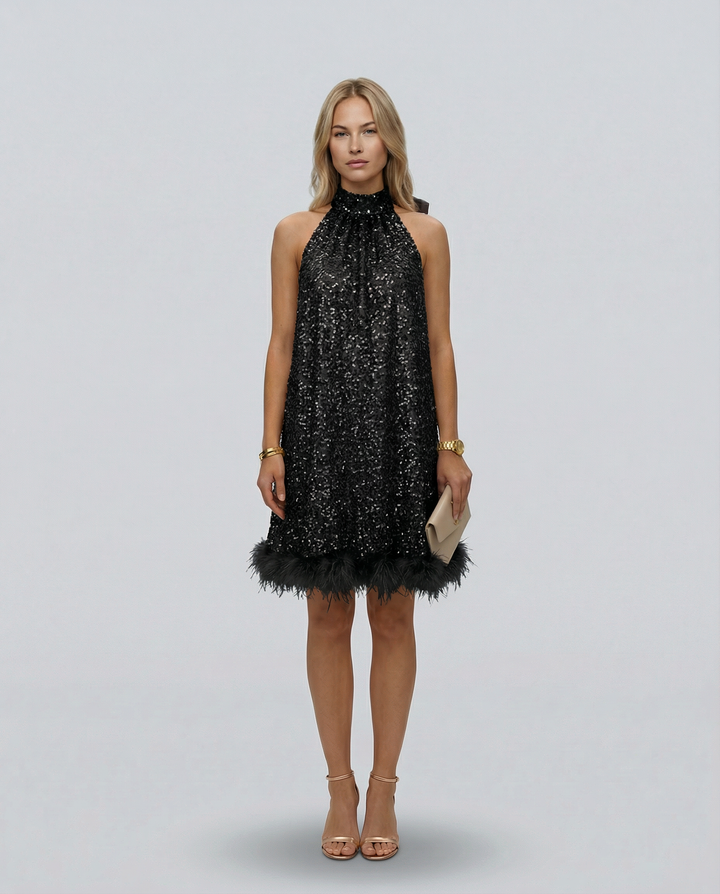 Pearl | Sequin Halter Mini Dress with Feather Hem