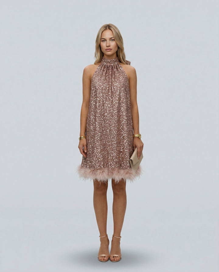 Pearl | Sequin Halter Mini Dress with Feather Hem