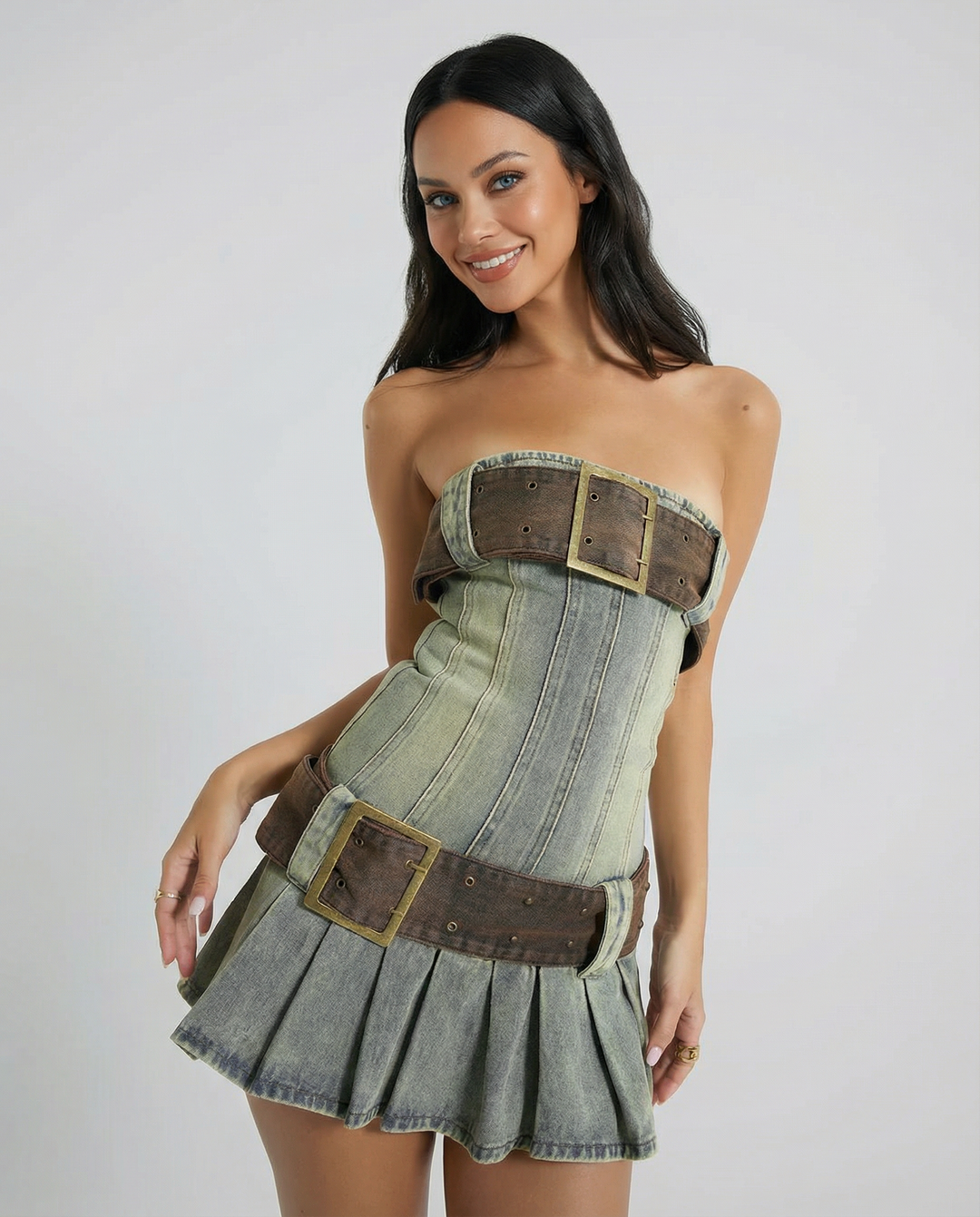 Lynn | Strapless Denim Kilt Mini Dress with Belt Detail