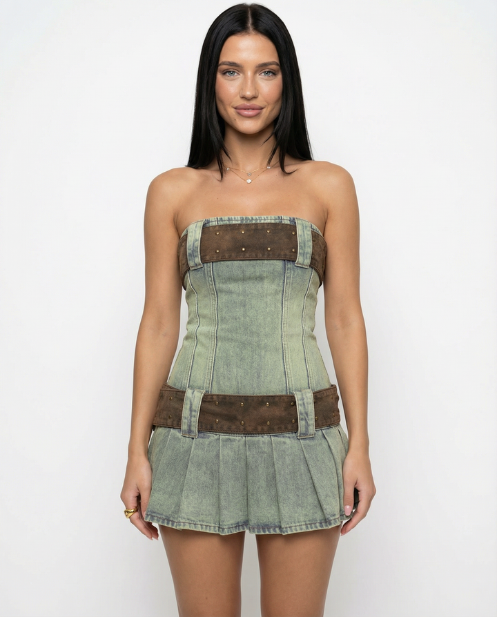 Lynn | Strapless Denim Kilt Mini Dress with Belt Detail