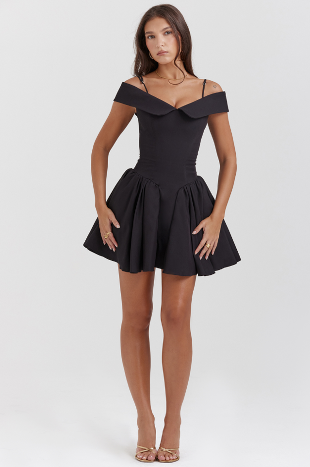 Elida | Mini Dress with Off-Shoulder Collar and Flared Skirt