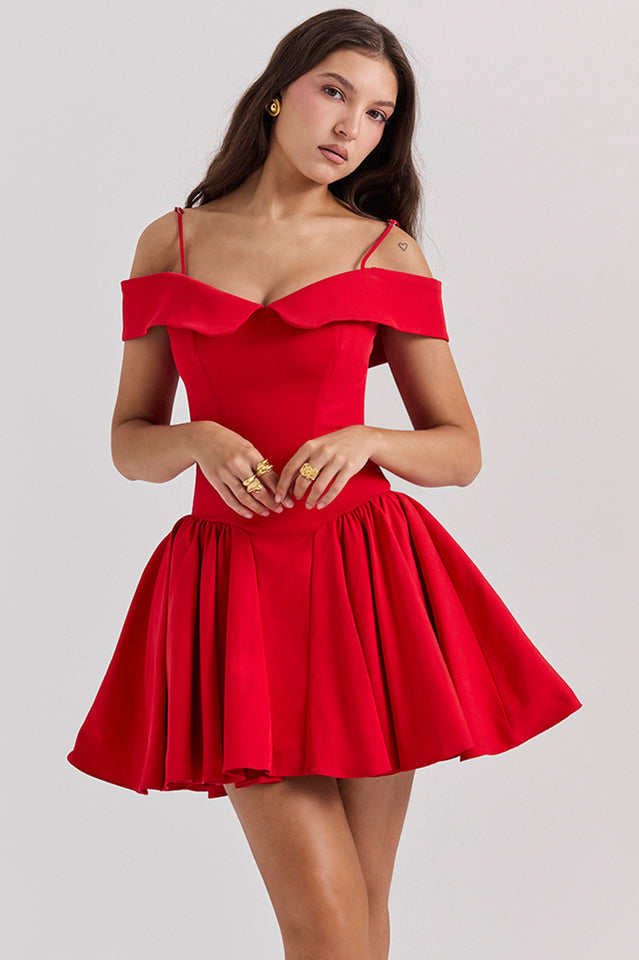 Elida | Mini Dress with Off-Shoulder Collar and Flared Skirt