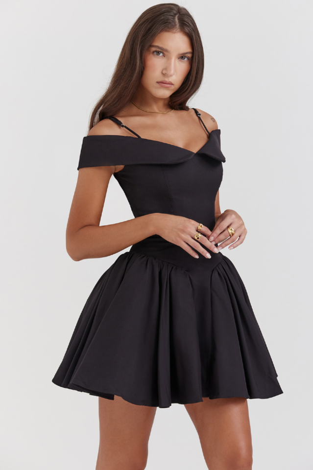 Elida | Mini Dress with Off-Shoulder Collar and Flared Skirt