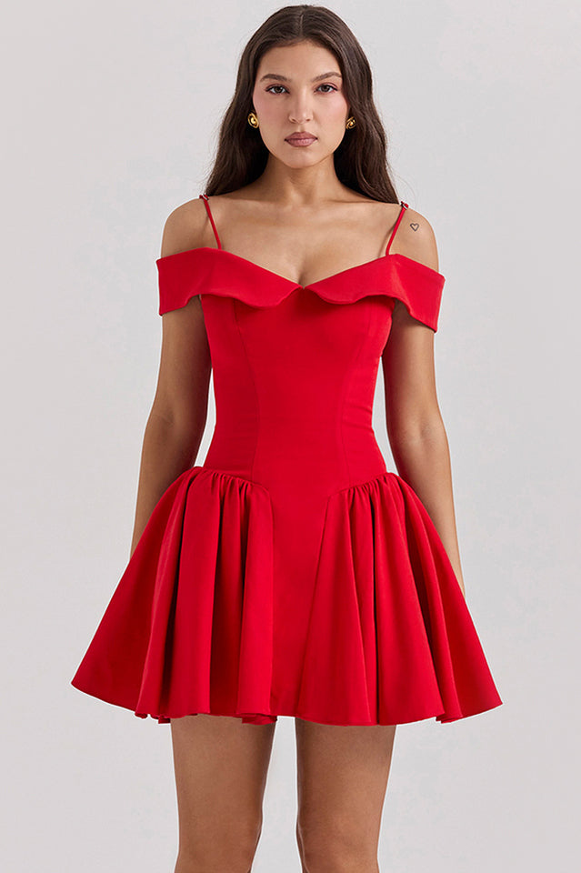 Elida | Mini Dress with Off-Shoulder Collar and Flared Skirt