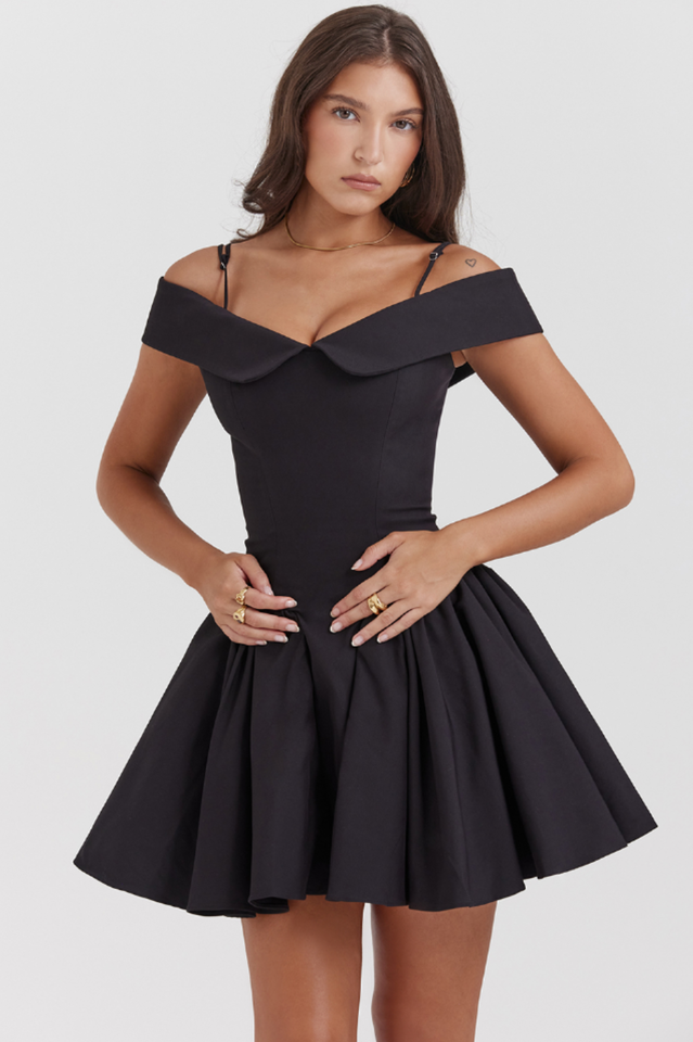 Elida | Mini Dress with Off-Shoulder Collar and Flared Skirt