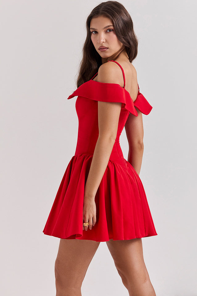 Elida | Mini Dress with Off-Shoulder Collar and Flared Skirt