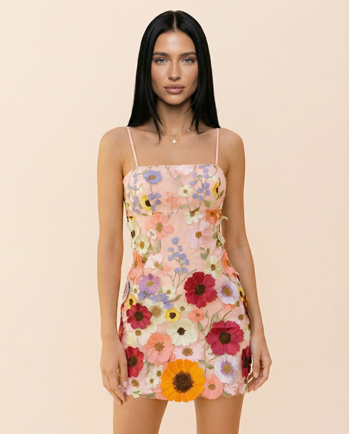 Estelle | Mini Dress with Floral Embroidery and Square Neck