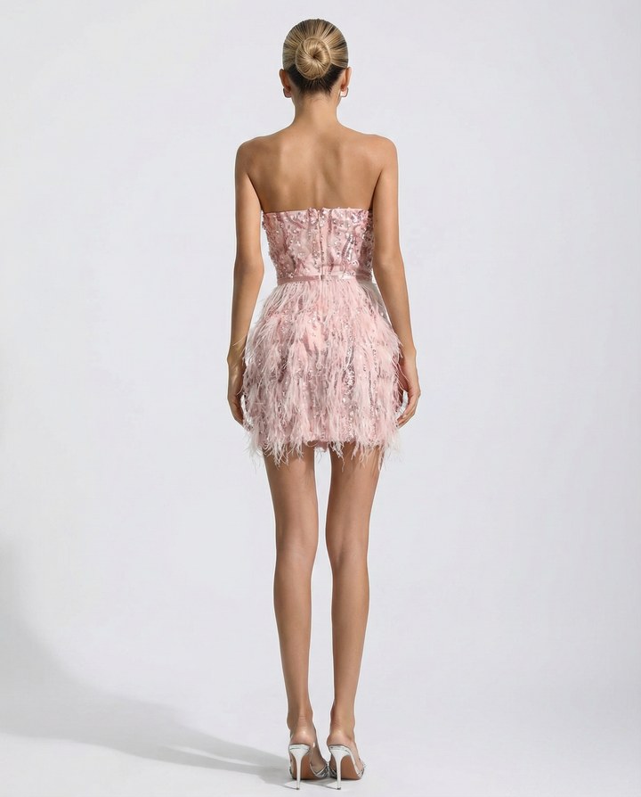 Joyce | Strapless Mini Dress with Sequin Feather Detail