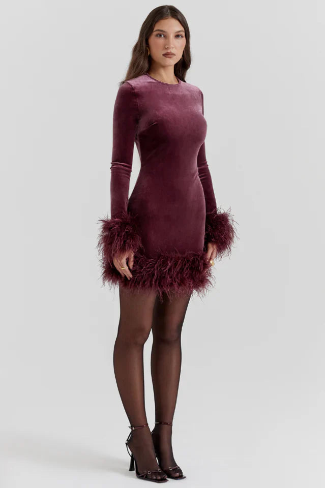 Marta | Velvet Mini Dress with Feather Trim