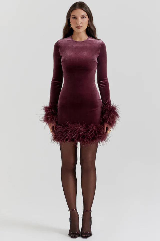 Marta | Velvet Mini Dress with Feather Trim