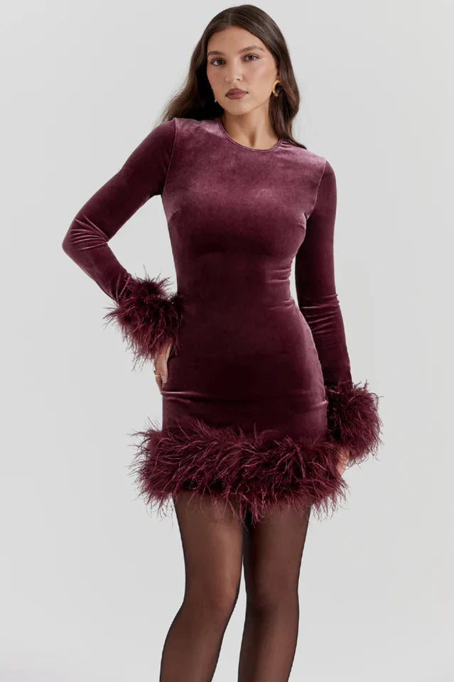 Marta | Velvet Mini Dress with Feather Trim
