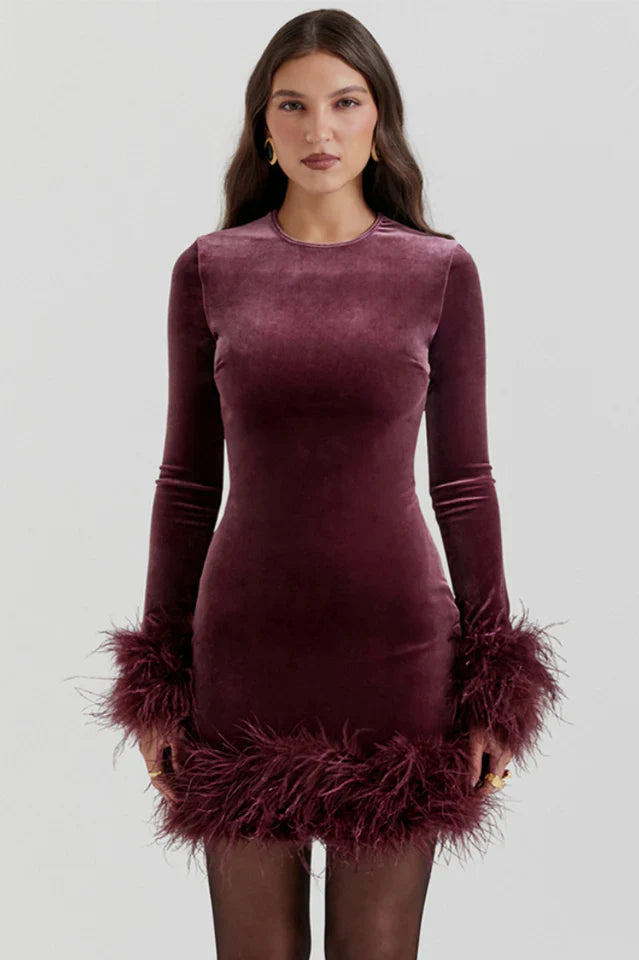 Marta | Velvet Mini Dress with Feather Trim