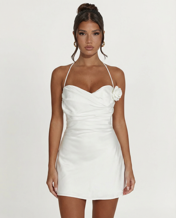 Linda | Halter Mini Dress with Satin Finish and Floral Detail