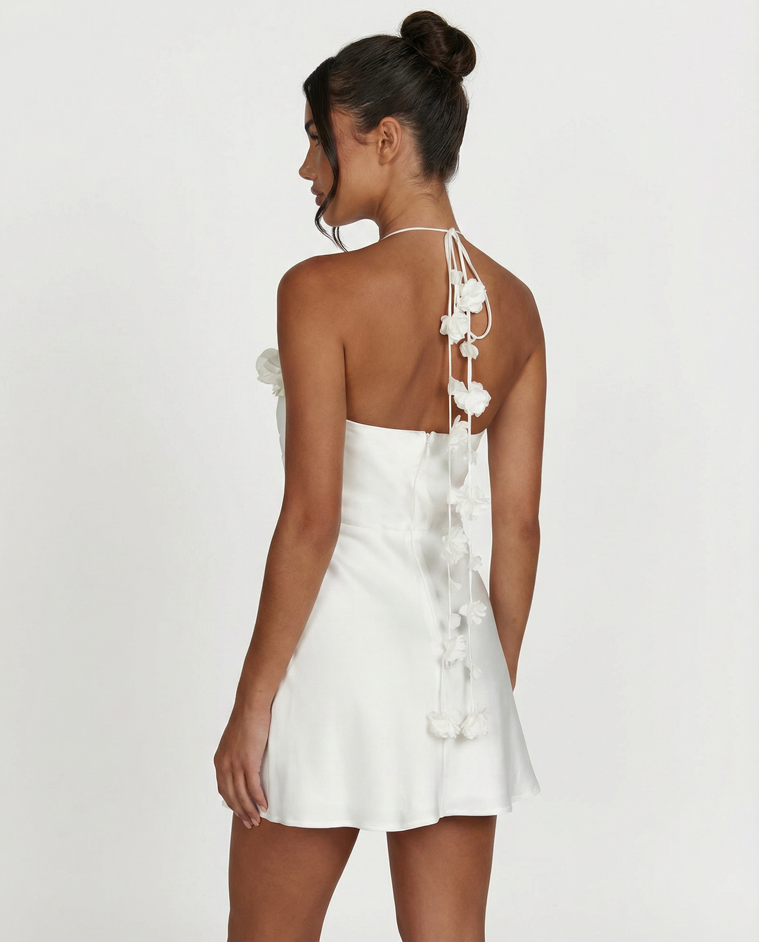 Linda | Halter Mini Dress with Satin Finish and Floral Detail
