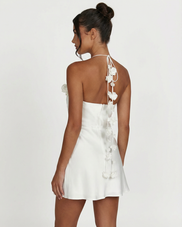 Linda | Halter Mini Dress with Satin Finish and Floral Detail