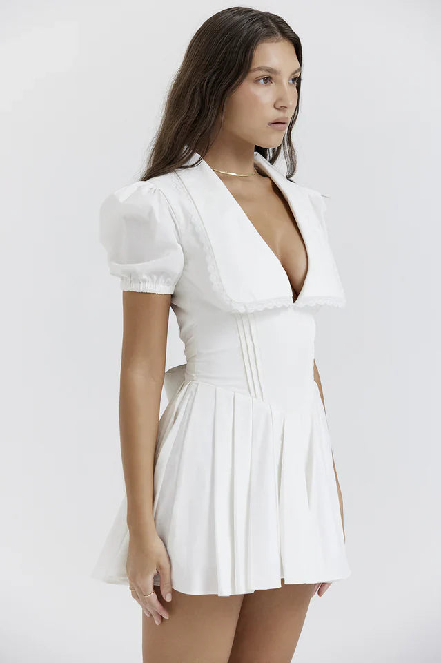Carrie | Pleated Mini Dress with Puff Sleeves and Waist Tie
