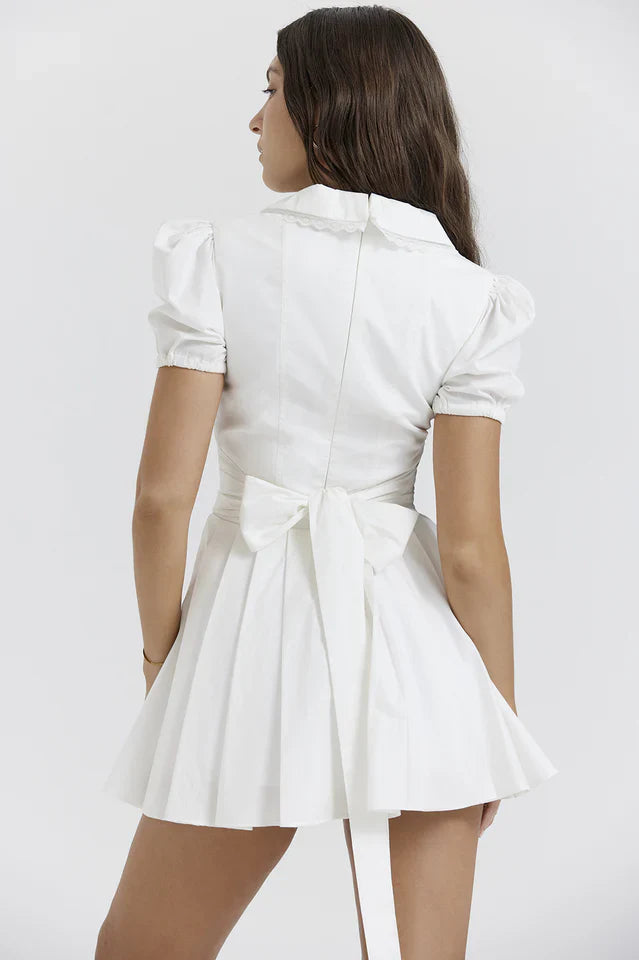 Carrie | Pleated Mini Dress with Puff Sleeves and Waist Tie