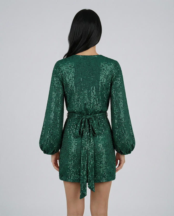 Trina | Sequin Wrap Mini Dress with Long Sleeves