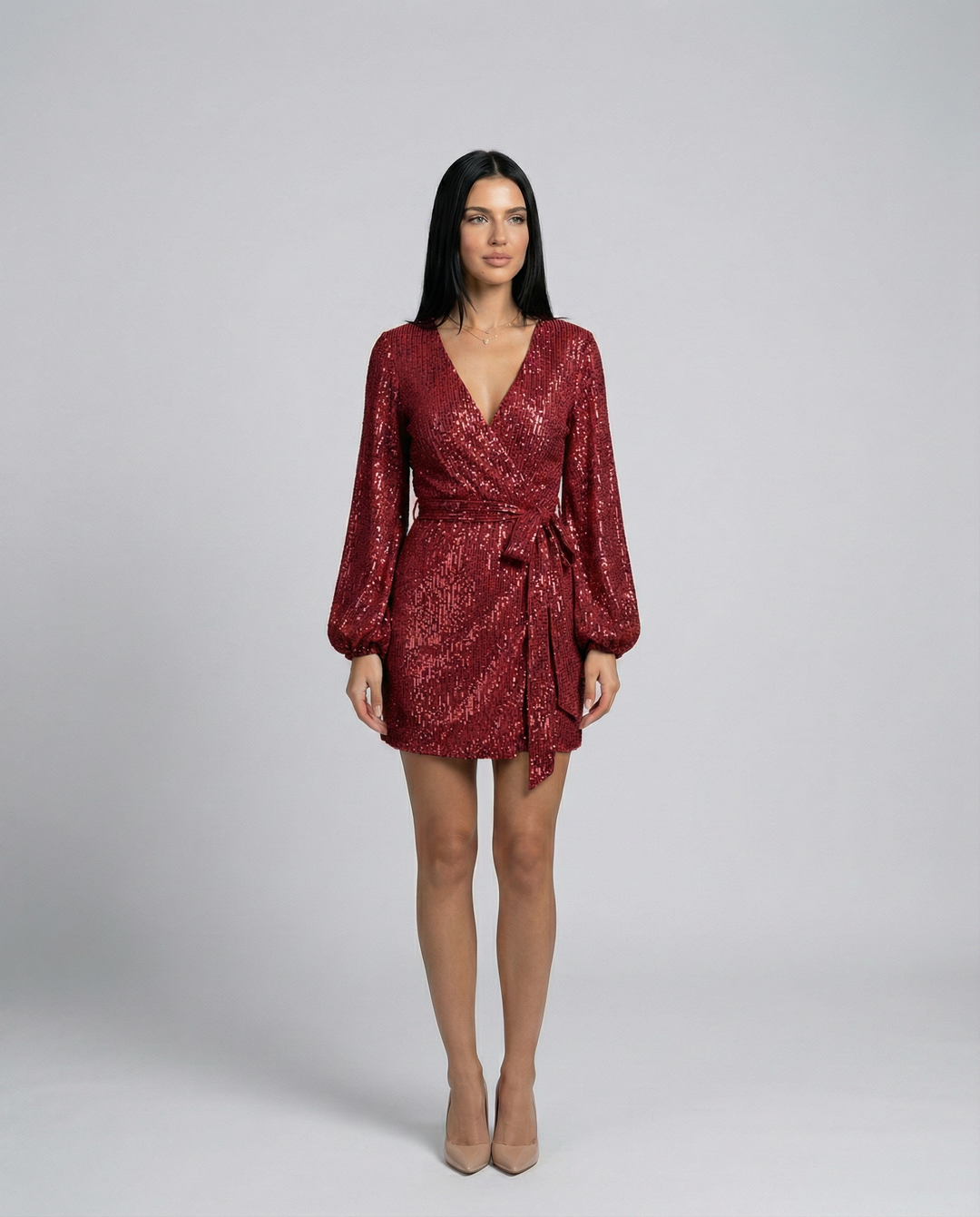 Trina | Sequin Wrap Mini Dress with Long Sleeves