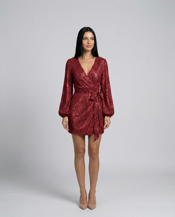 Trina | Sequin Wrap Mini Dress with Long Sleeves