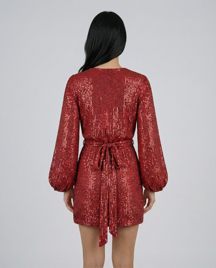 Trina | Sequin Wrap Mini Dress with Long Sleeves