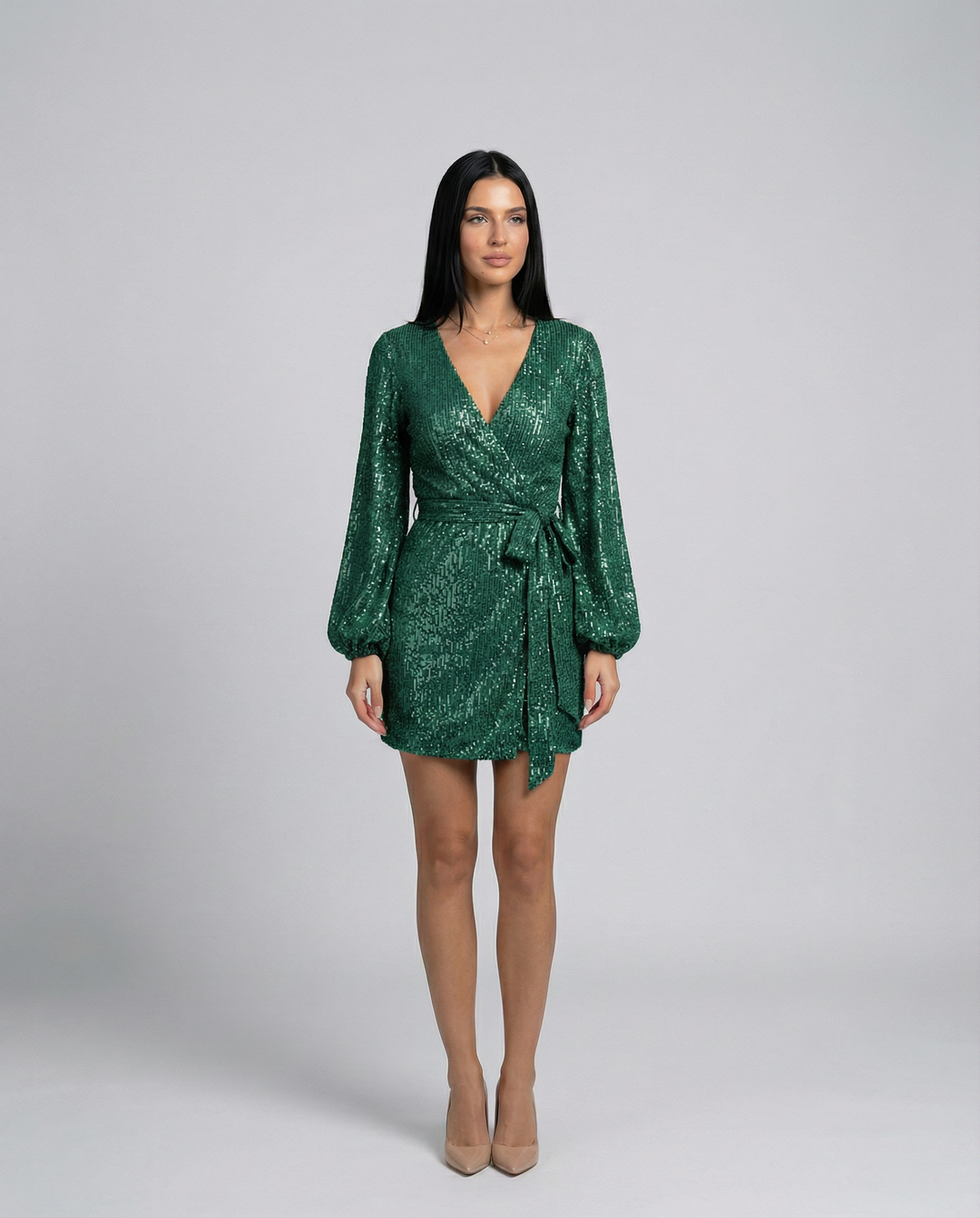 Trina | Sequin Wrap Mini Dress with Long Sleeves