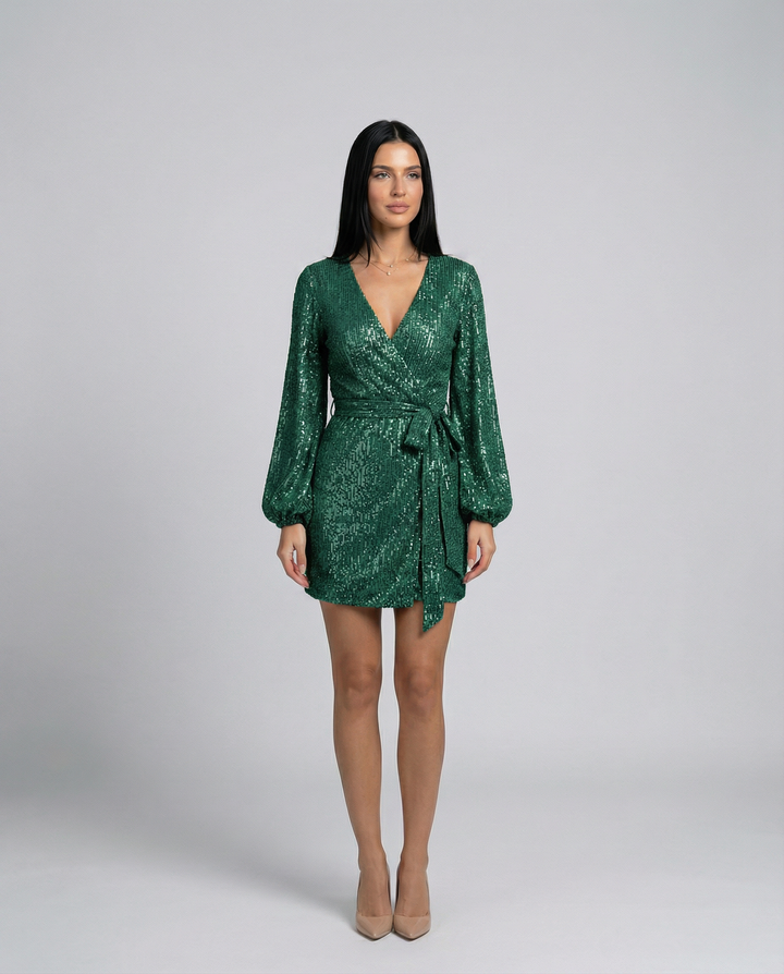 Trina | Sequin Wrap Mini Dress with Long Sleeves