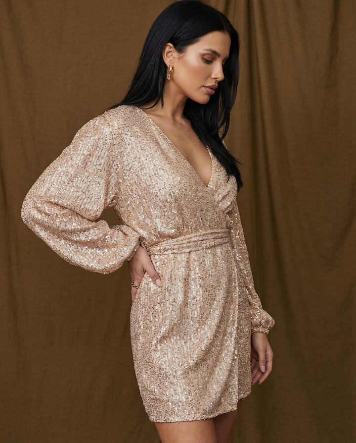 Trina | Sequin Wrap Mini Dress with Long Sleeves