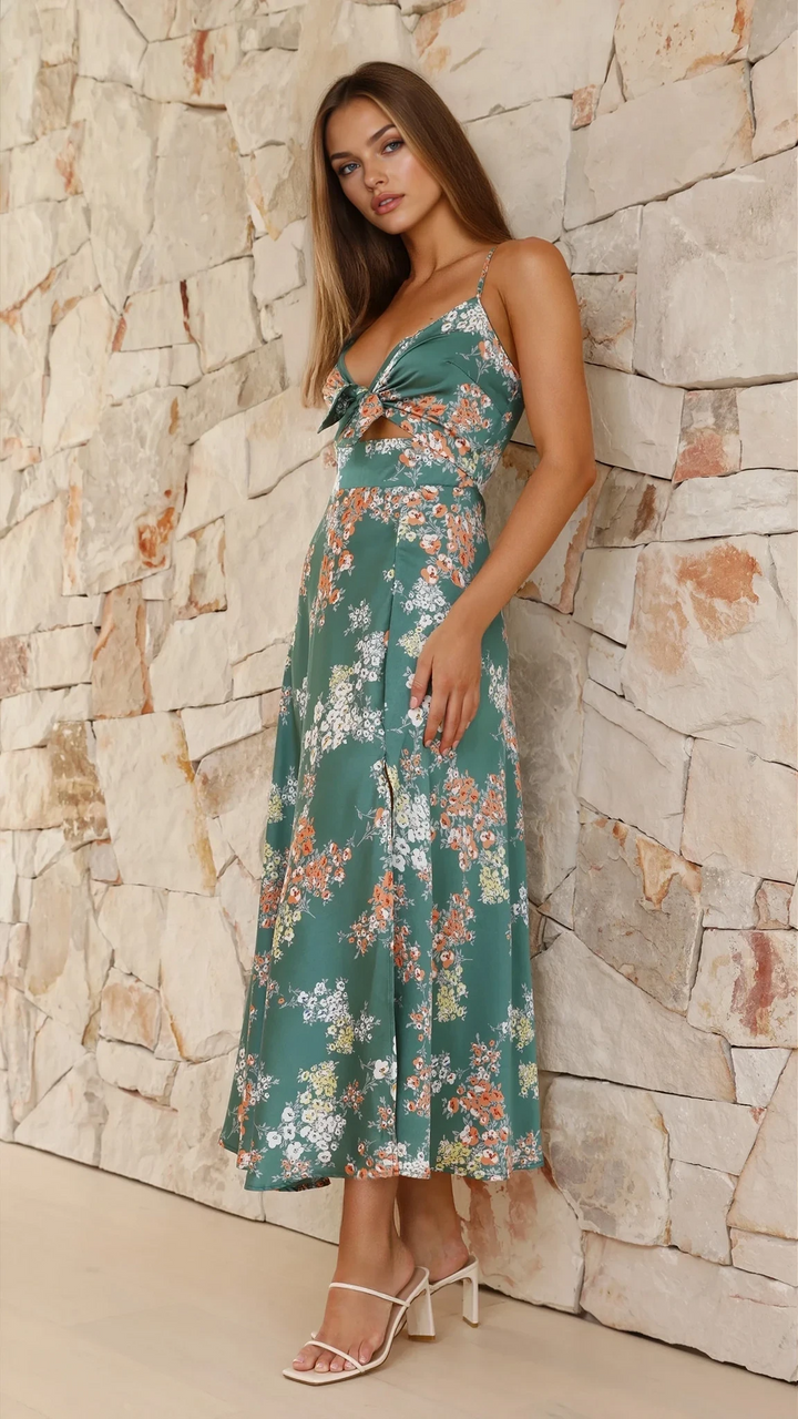 Elora | Floral Midi Dress with Front Slit