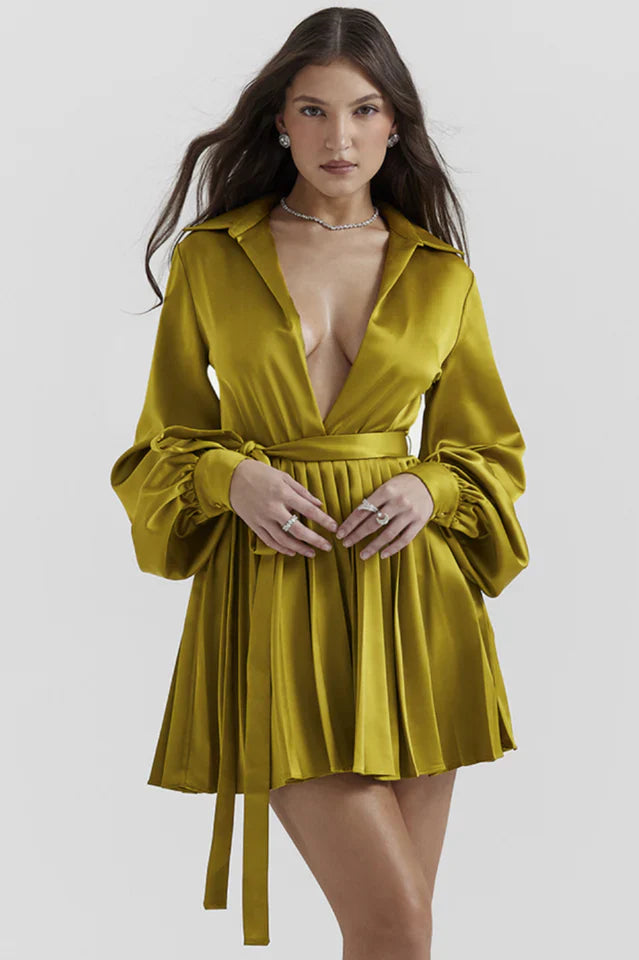 Irene | Pleated Mini Shirt Dress with Waist Tie