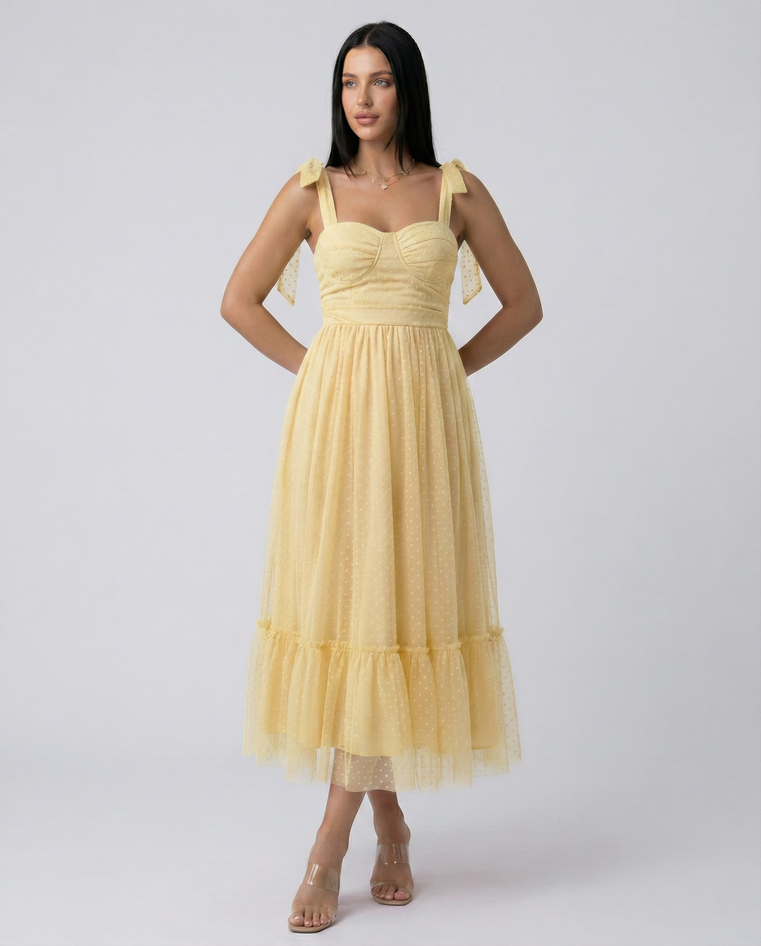 Tina | Midi Tulle Dress with Tie Shoulder Straps