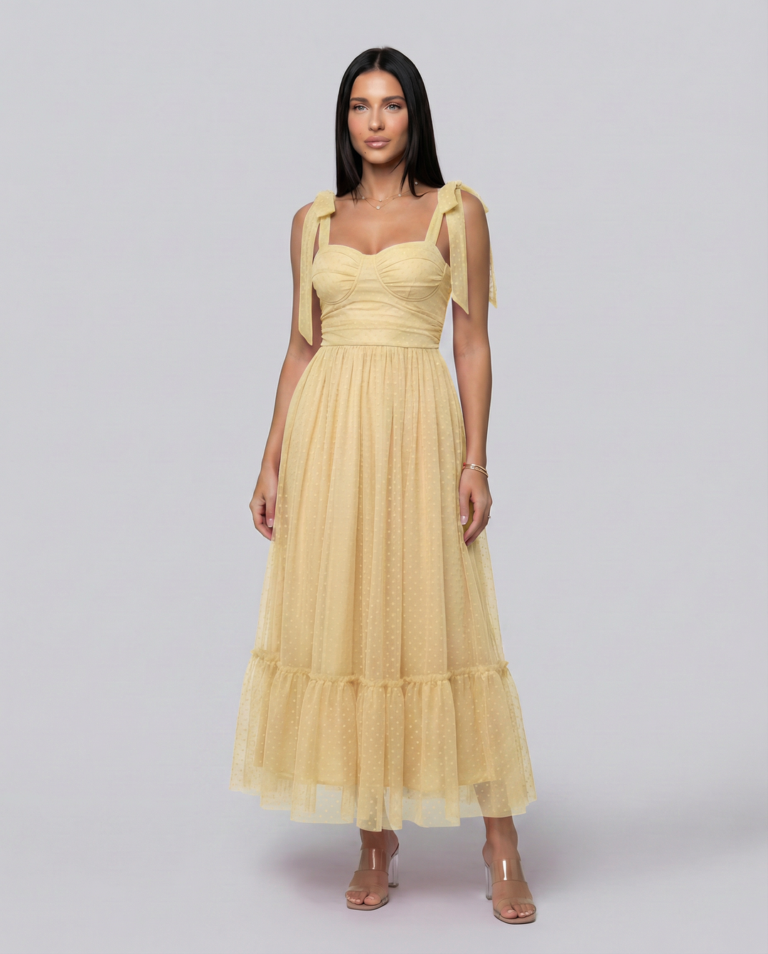 Tina | Midi Tulle Dress with Tie Shoulder Straps