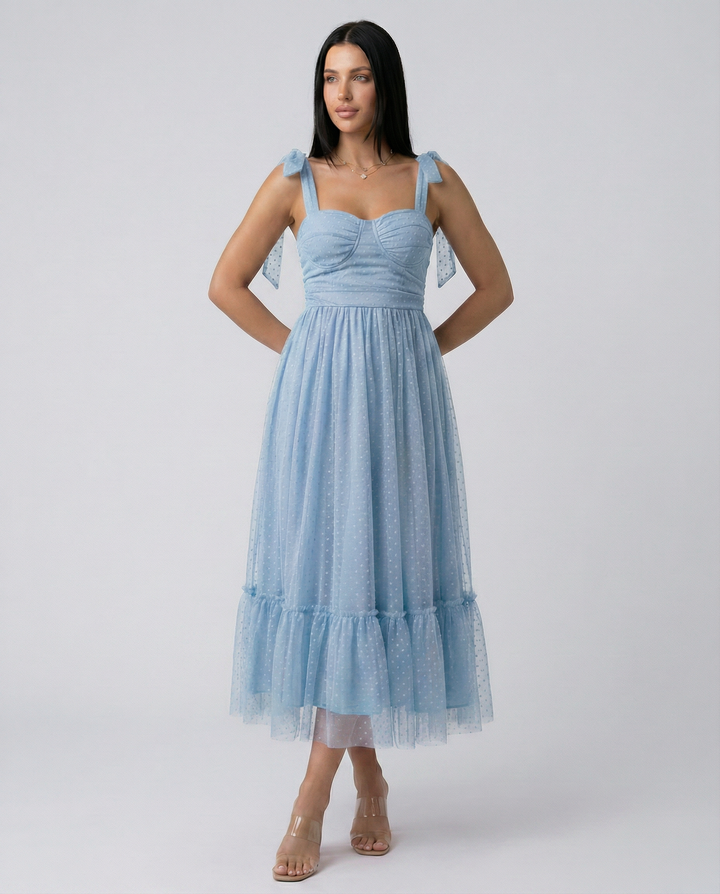 Tina | Midi Tulle Dress with Tie Shoulder Straps