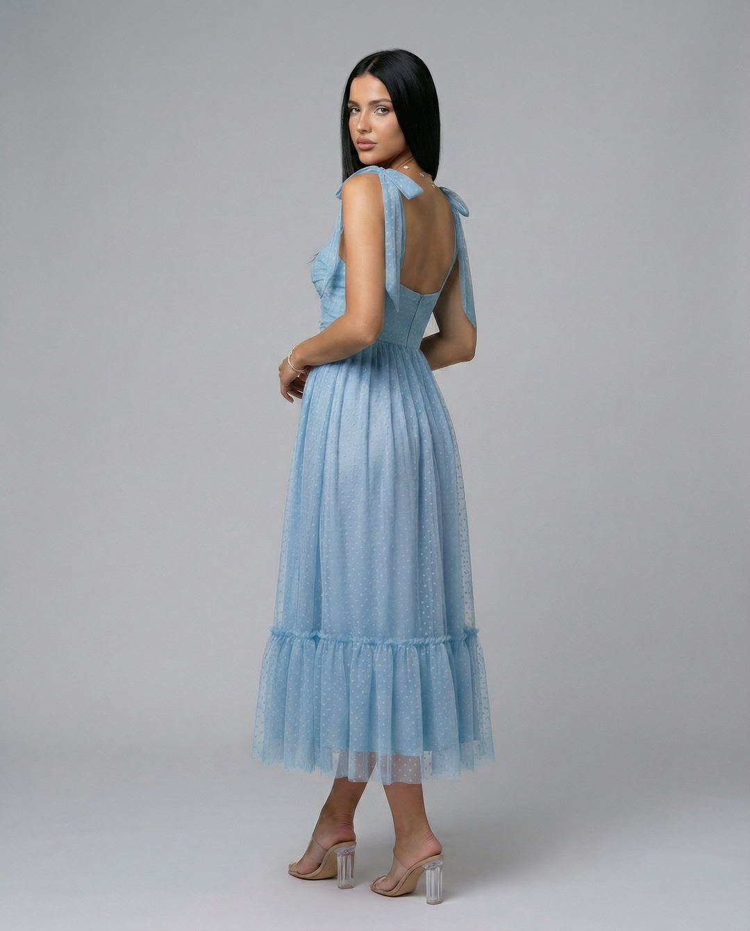 Tina | Midi Tulle Dress with Tie Shoulder Straps