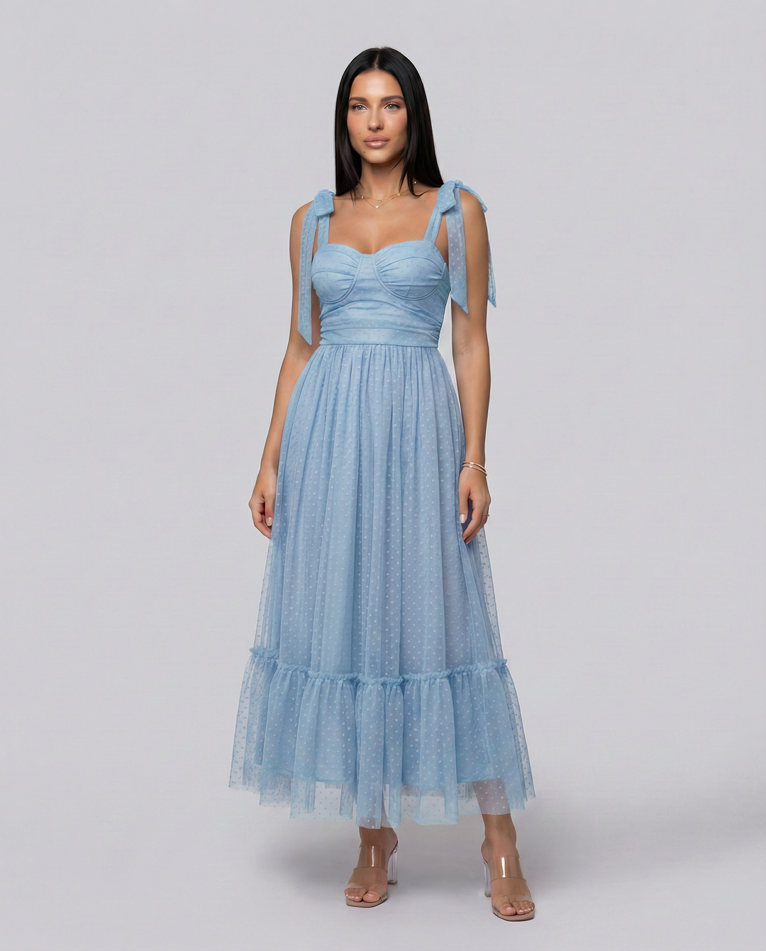 Tina | Midi Tulle Dress with Tie Shoulder Straps