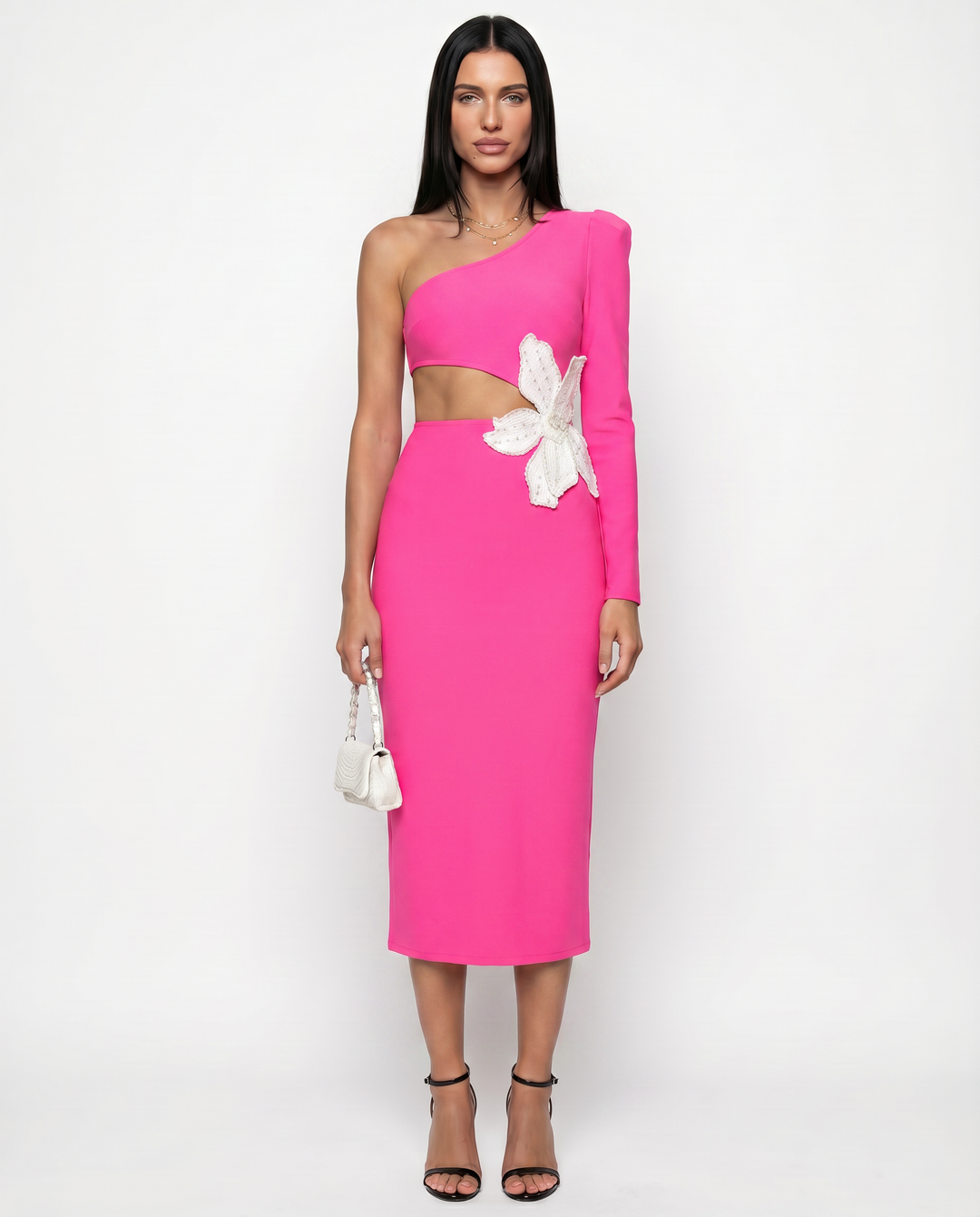 Angelica | Midi Dress with One-Shoulder Floral Detail