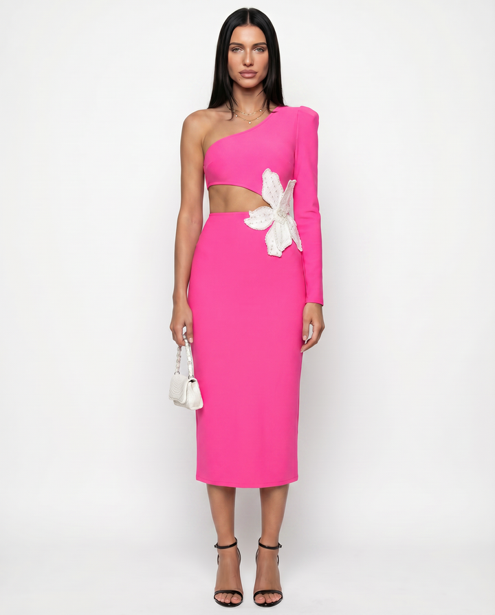 Angelica | Midi Dress with One-Shoulder Floral Detail