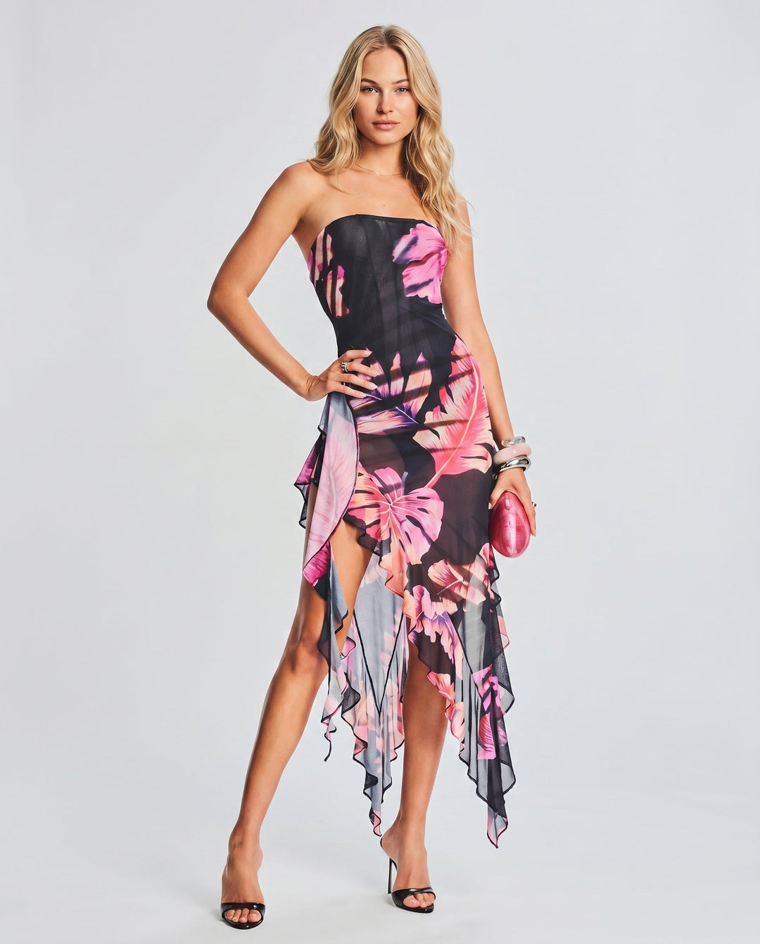 Luz | Strapless Asymmetric Midi Dress with Ruffle Hem