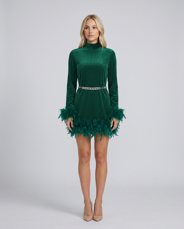 Ayden | Mini Dress with Feather Trim and Belt