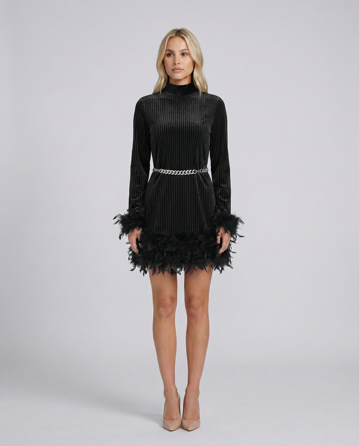 Ayden | Mini Dress with Feather Trim and Belt