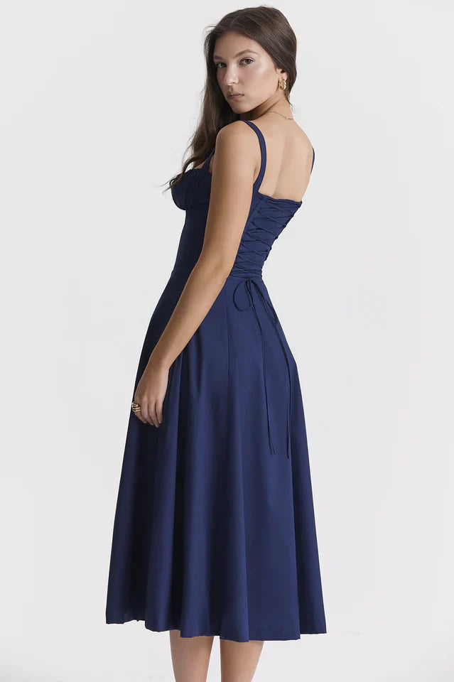 Rene | Midi Dress with Thin Straps and Flared Skirt
