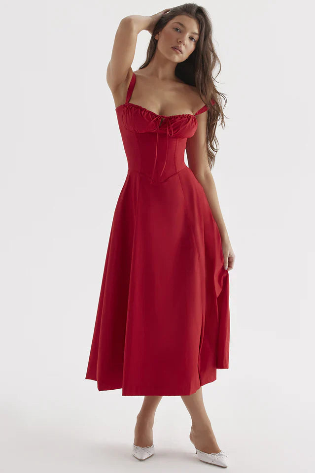 Rene | Midi Dress with Thin Straps and Flared Skirt