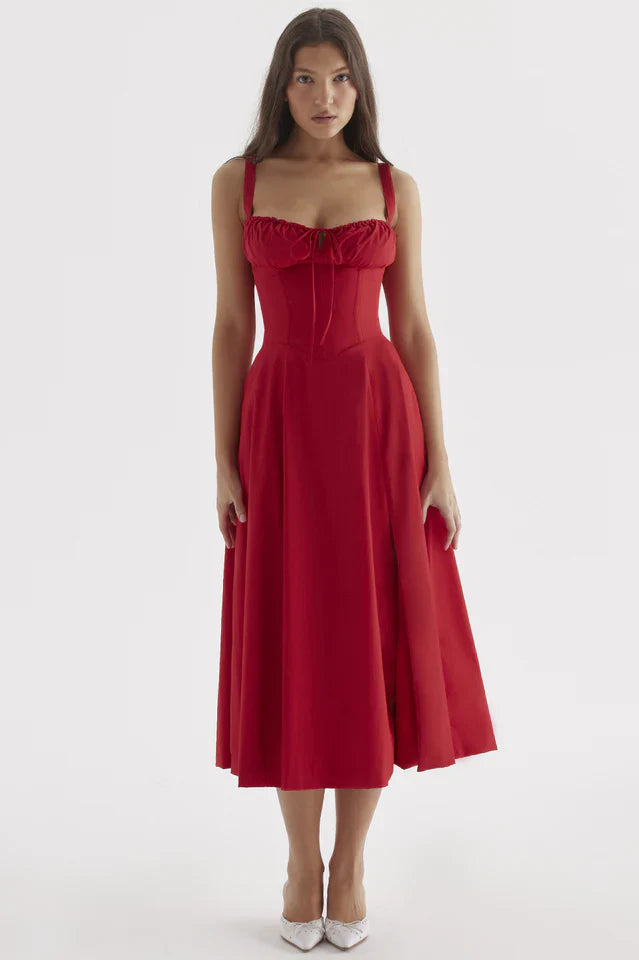 Rene | Midi Dress with Thin Straps and Flared Skirt